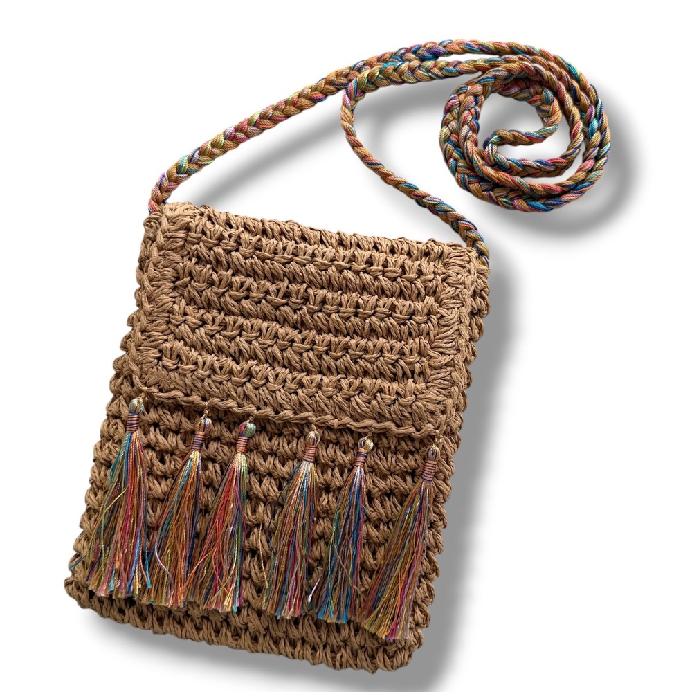 Cappelli Straworld Brown Woven Paper Straw Crossbody Bag MultiColor Tassels Boho